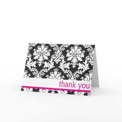 black and whte damask with hot pink thank you card by somegirl