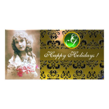 BLACK AND YELLOW DAMASK Green Emerald Monogram Personalized Photo Card