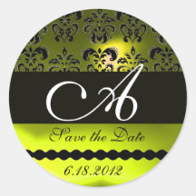 BLACK AND YELLOW TOPAZ DAMASK MONOGRAM, ROUND STICKER