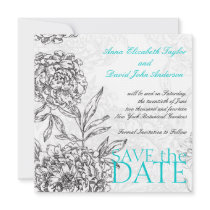 Black Aqua Blue Elegant Floral Save The Date Cards