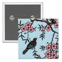 Black Bird Cherry Blossom Tree Buttons