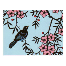 Black Bird Cherry Blossom Tree Postcards