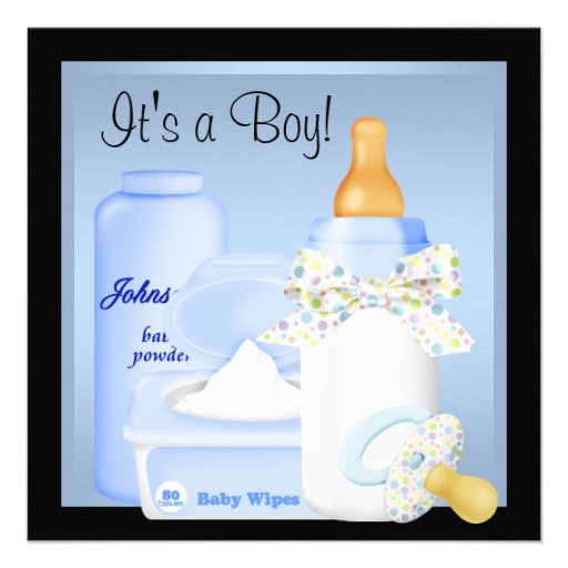 Black Blue Bottle Pacifier Baby Boy Shower Custom Invitations