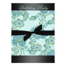 Black/blue Bow & Floral Birthday Invitation