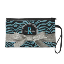 Black Blue Glitter Look Zebra Monogram Bow Wristlets