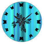 black Butterfly on blue green rainbow Round Wall Clocks