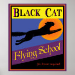 Black Cat Flying School Vintage Halloween Poster