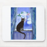 Black cat in window mouse mats