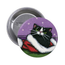 Black Cat in Xmas Hat - Cat Art Button