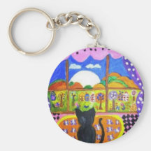 BLACK CAT LOOKS AT THE MOON KEYCHAIN