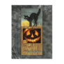 Black cat on a wooden fence with pumpkin postcard