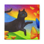 Black Cat Painting Butterflies Art - Multi