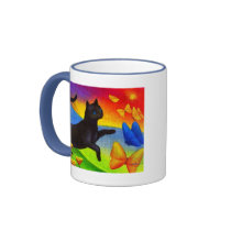 Black Cat Painting Butterflies Art - Multi Mugs