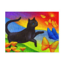 Black Cat Painting Butterflies Art - Multi
