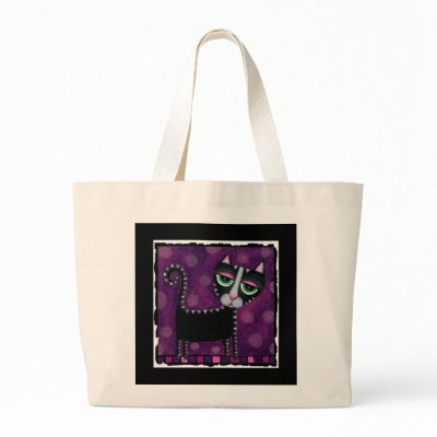 Black Cat & Polka Dots - funky tote bag by folkartblonde