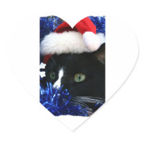 Black Cat, Santa hat, blue tinsel, ready to pounce Sticker