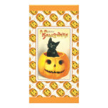 Black cat sitting in a pumpkin - halloween design photo cards