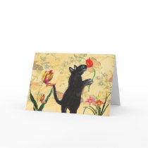 black cat smelling tulip blank greeting card