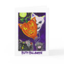 Black Cat with Pumpkin Cat and Skull Balloons cards