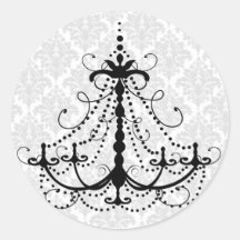 Black chandelier and damask round sticker