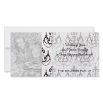black chandelier on white modern damask design photo card