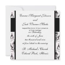 black chandelier on white modern damask personalised announcements