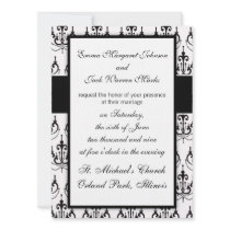 black chandelier on white modern damask personalised invites
