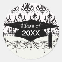 black chandelier white modern damask graduation round sticker