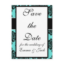 black damask elegance on aqua blue design post card