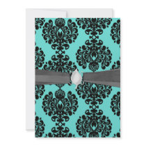 black damask elegance on aqua blue announcements