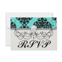 black damask elegance on aqua blue custom invite