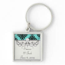 black damask elegance on aqua blue key chain