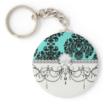 black damask elegance on aqua blue key chain
