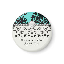 black damask elegance on aqua blue fridge magnets