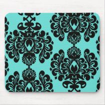 black damask elegance on aqua blue