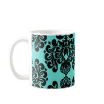 black damask elegance on aqua blue