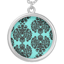 black damask elegance on aqua blue