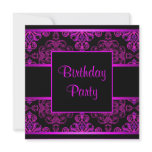 Black Damask Hot Pink Purple Birthday Party invitations