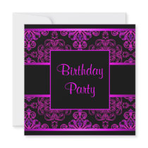 Black Damask Hot Pink Purple Birthday Party Invite