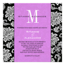 Black Damask Light Purple Monogram Invitation