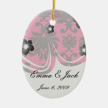 black damask on raspberry bold christmas ornaments
