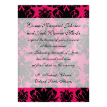 black damask on raspberry bold personalised invitation