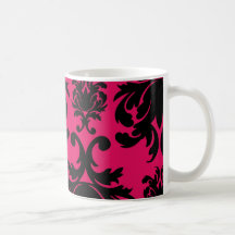 black damask on raspberry bold mugs