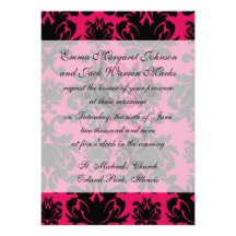 black damask on raspberry bold personalized invite