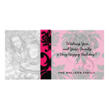 black damask on raspberry bold personalised photo card