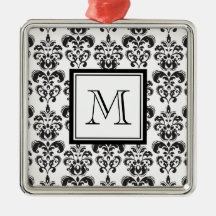 Black Damask Pattern 2 with Your Monogram Christmas Tree Ornament