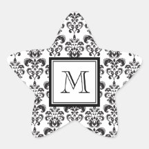 Black Damask Pattern 2 with Your Monogram Star Stickers