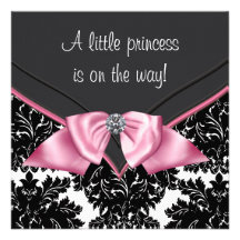 Black Damask Pink Bow Princess Baby Shower Personalised Invitations