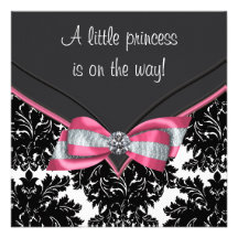 Black Damask Pink Bow Princess Baby Shower Personalised Announcements