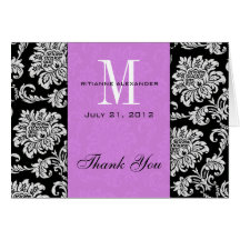Black Damask Purple Monogram Wedding Thank You Card